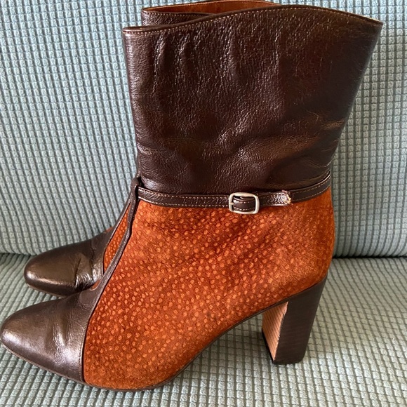 Suede & Leather Color block Stacked Heel Booties Brown Sz 8 $295 - Picture 5 of 15